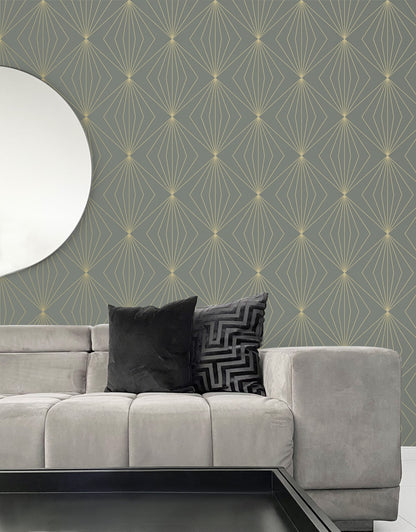 Modern geometric peel and stick wallpaper in grey and metallic gold featuring a repeating diamond-style pattern. Removable wallpaper ideal for modern, glam, and art deco interiors, perfect for accent walls, DIY room makeovers, bedrooms, living rooms, and offices.