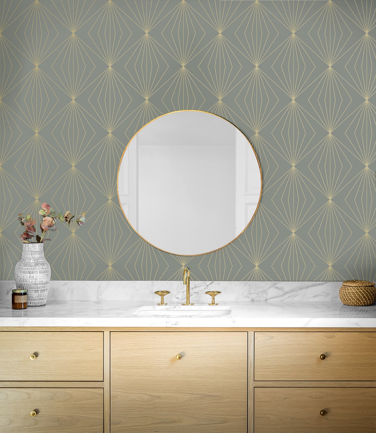 Modern geometric peel and stick wallpaper in grey and metallic gold featuring a repeating diamond-style pattern. Removable wallpaper ideal for modern, glam, and art deco interiors, perfect for accent walls, DIY room makeovers, bedrooms, living rooms, and offices.