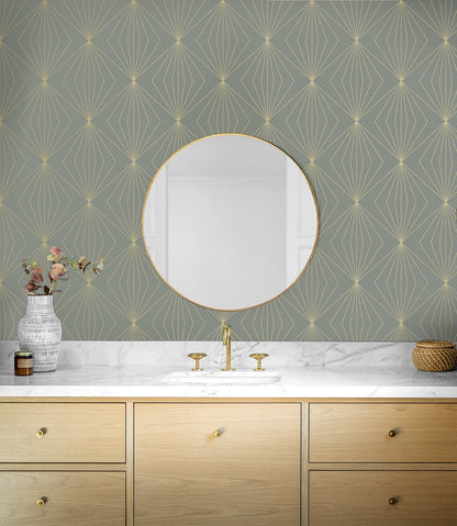Modern geometric peel and stick wallpaper in grey and metallic gold featuring a repeating diamond-style pattern. Removable wallpaper ideal for modern, glam, and art deco interiors, perfect for accent walls, DIY room makeovers, bedrooms, living rooms, and offices.
