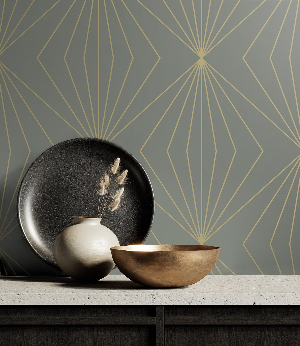 Modern geometric peel and stick wallpaper in grey and metallic gold featuring a repeating diamond-style pattern. Removable wallpaper ideal for modern, glam, and art deco interiors, perfect for accent walls, DIY room makeovers, bedrooms, living rooms, and offices.