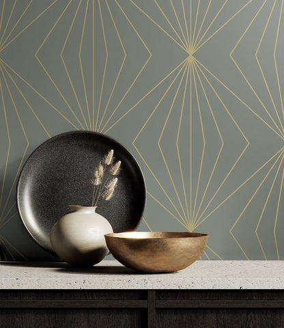 Modern geometric peel and stick wallpaper in grey and metallic gold featuring a repeating diamond-style pattern. Removable wallpaper ideal for modern, glam, and art deco interiors, perfect for accent walls, DIY room makeovers, bedrooms, living rooms, and offices.