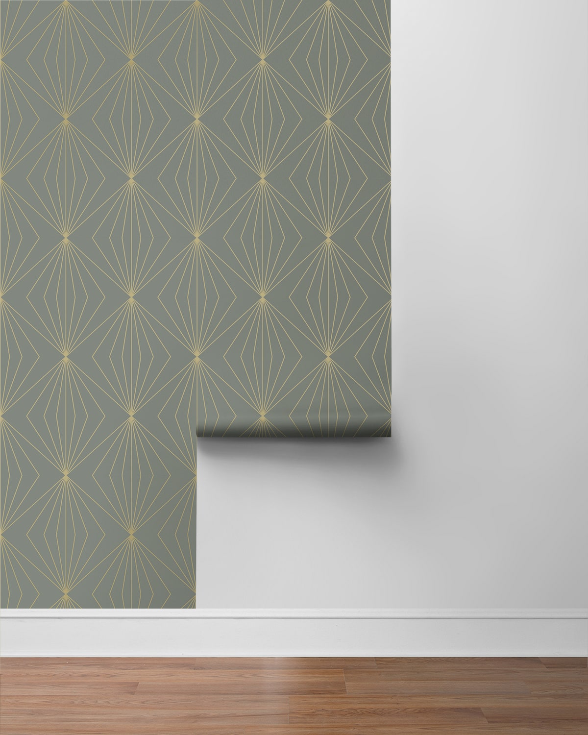 Modern geometric peel and stick wallpaper in grey and metallic gold featuring a repeating diamond-style pattern. Removable wallpaper ideal for modern, glam, and art deco interiors, perfect for accent walls, DIY room makeovers, bedrooms, living rooms, and offices.