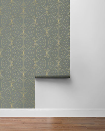 Modern geometric peel and stick wallpaper in grey and metallic gold featuring a repeating diamond-style pattern. Removable wallpaper ideal for modern, glam, and art deco interiors, perfect for accent walls, DIY room makeovers, bedrooms, living rooms, and offices.