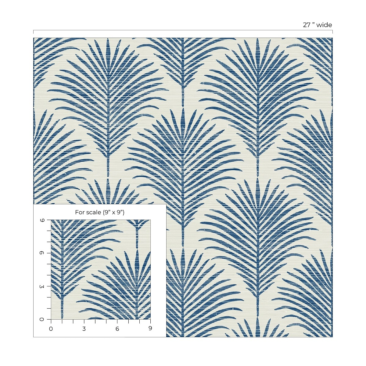 Coastal blue palm peel and stick wallpaper featuring tropical botanical leaves, removable wallcovering for beach house decor, accent walls, and modern coastal interior design.