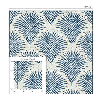 Coastal blue palm peel and stick wallpaper featuring tropical botanical leaves, removable wallcovering for beach house decor, accent walls, and modern coastal interior design.