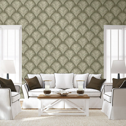 Grassland Palm peel and stick wallpaper featuring a tropical botanical palm leaf design in charcoal and sand neutral tones. Modern removable self-adhesive wallpaper ideal for accent walls in bedrooms, living rooms, dining rooms, bathrooms, offices, hallways, and entryways. Washable and renter-friendly wall covering that adds a calm, nature-inspired, coastal-boho aesthetic to contemporary interior spaces and easy DIY home décor projects.