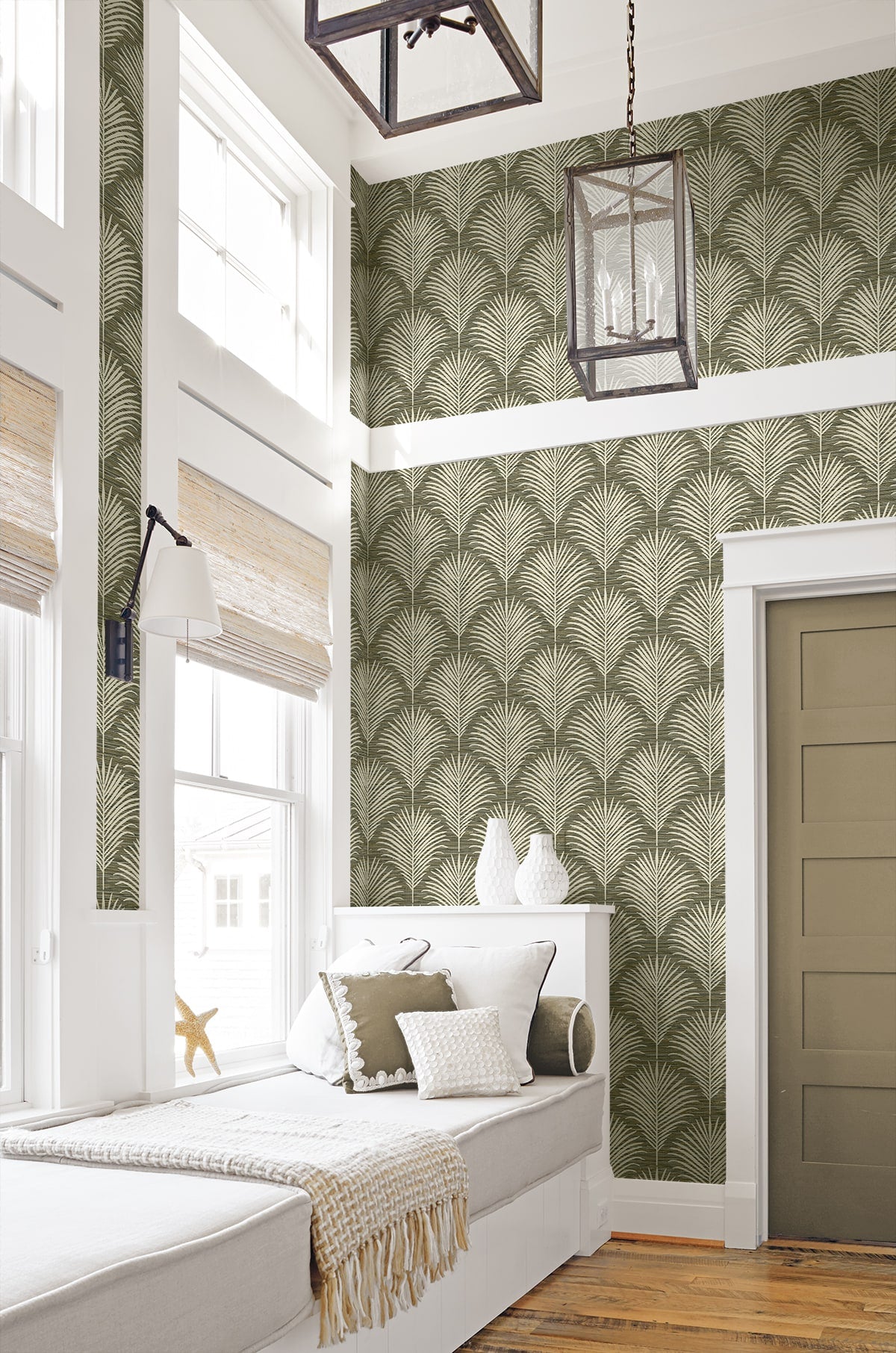Grassland Palm peel and stick wallpaper with a soft tropical botanical pattern featuring layered palm leaves in charcoal and sand neutral tones. Removable self-adhesive wallpaper designed for accent walls in bedrooms, living rooms, dining rooms, bathrooms, offices, and entryways. Washable, renter-friendly wall covering that brings a warm, nature-inspired, coastal and boho aesthetic to modern interiors and easy DIY home décor updates.