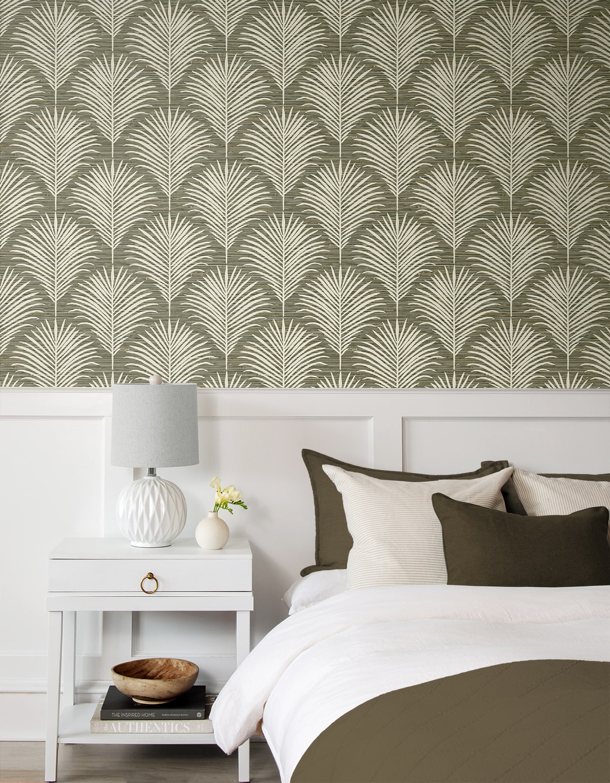Grassland Palm peel and stick wallpaper with a soft tropical botanical pattern featuring layered palm leaves in charcoal and sand neutral tones. Removable self-adhesive wallpaper designed for accent walls in bedrooms, living rooms, dining rooms, bathrooms, offices, and entryways. Washable, renter-friendly wall covering that brings a warm, nature-inspired, coastal and boho aesthetic to modern interiors and easy DIY home décor updates.