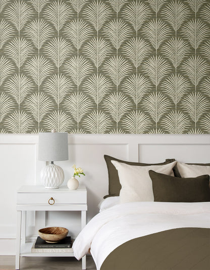 Grassland Palm peel and stick wallpaper with a soft tropical botanical pattern featuring layered palm leaves in charcoal and sand neutral tones. Removable self-adhesive wallpaper designed for accent walls in bedrooms, living rooms, dining rooms, bathrooms, offices, and entryways. Washable, renter-friendly wall covering that brings a warm, nature-inspired, coastal and boho aesthetic to modern interiors and easy DIY home décor updates.