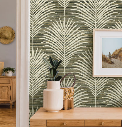 Grassland Palm peel and stick wallpaper with a soft tropical botanical pattern featuring layered palm leaves in charcoal and sand neutral tones. Removable self-adhesive wallpaper designed for accent walls in bedrooms, living rooms, dining rooms, bathrooms, offices, and entryways. Washable, renter-friendly wall covering that brings a warm, nature-inspired, coastal and boho aesthetic to modern interiors and easy DIY home décor updates.