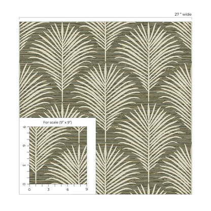 Grassland Palm peel and stick wallpaper featuring a tropical botanical palm leaf design in charcoal and sand neutral tones. Modern removable self-adhesive wallpaper ideal for accent walls in bedrooms, living rooms, dining rooms, bathrooms, offices, hallways, and entryways. Washable and renter-friendly wall covering that adds a calm, nature-inspired, coastal-boho aesthetic to contemporary interior spaces and easy DIY home décor projects.