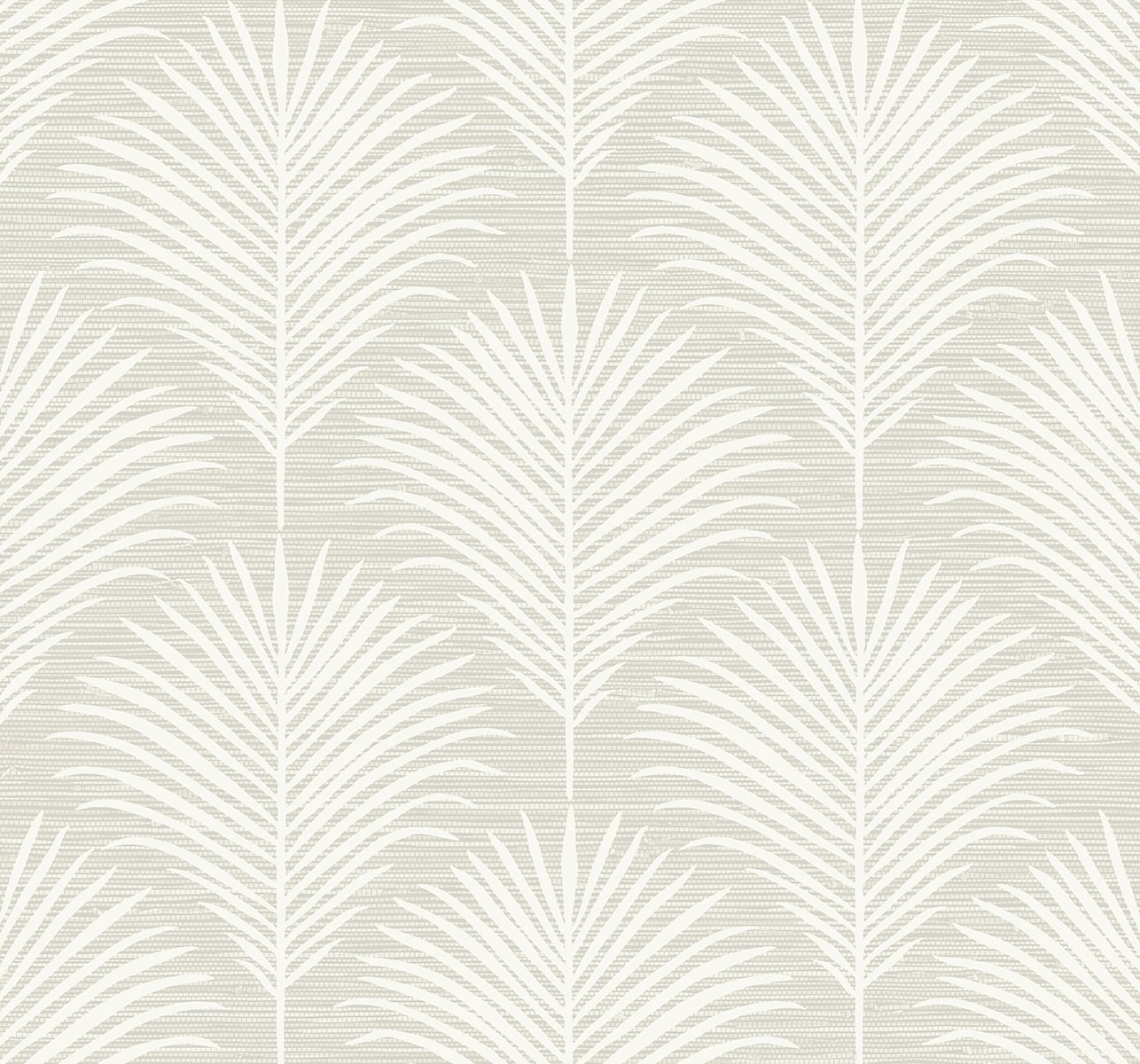 Beige palm-leaf wallpaper with white fronds in a repeating tropical pattern.