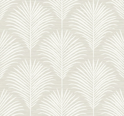 Beige palm-leaf wallpaper with white fronds in a repeating tropical pattern.