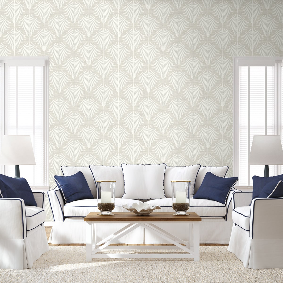 NextWall Peel & Stick Grassland Palm Wallpaper NW53815 in sea salt colorway showing botanical palm leaf pattern, ideal for coastal tropical interior wall makeover.