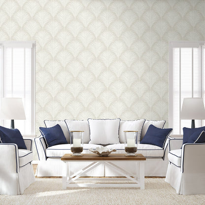 NextWall Peel & Stick Grassland Palm Wallpaper NW53815 in sea salt colorway showing botanical palm leaf pattern, ideal for coastal tropical interior wall makeover.