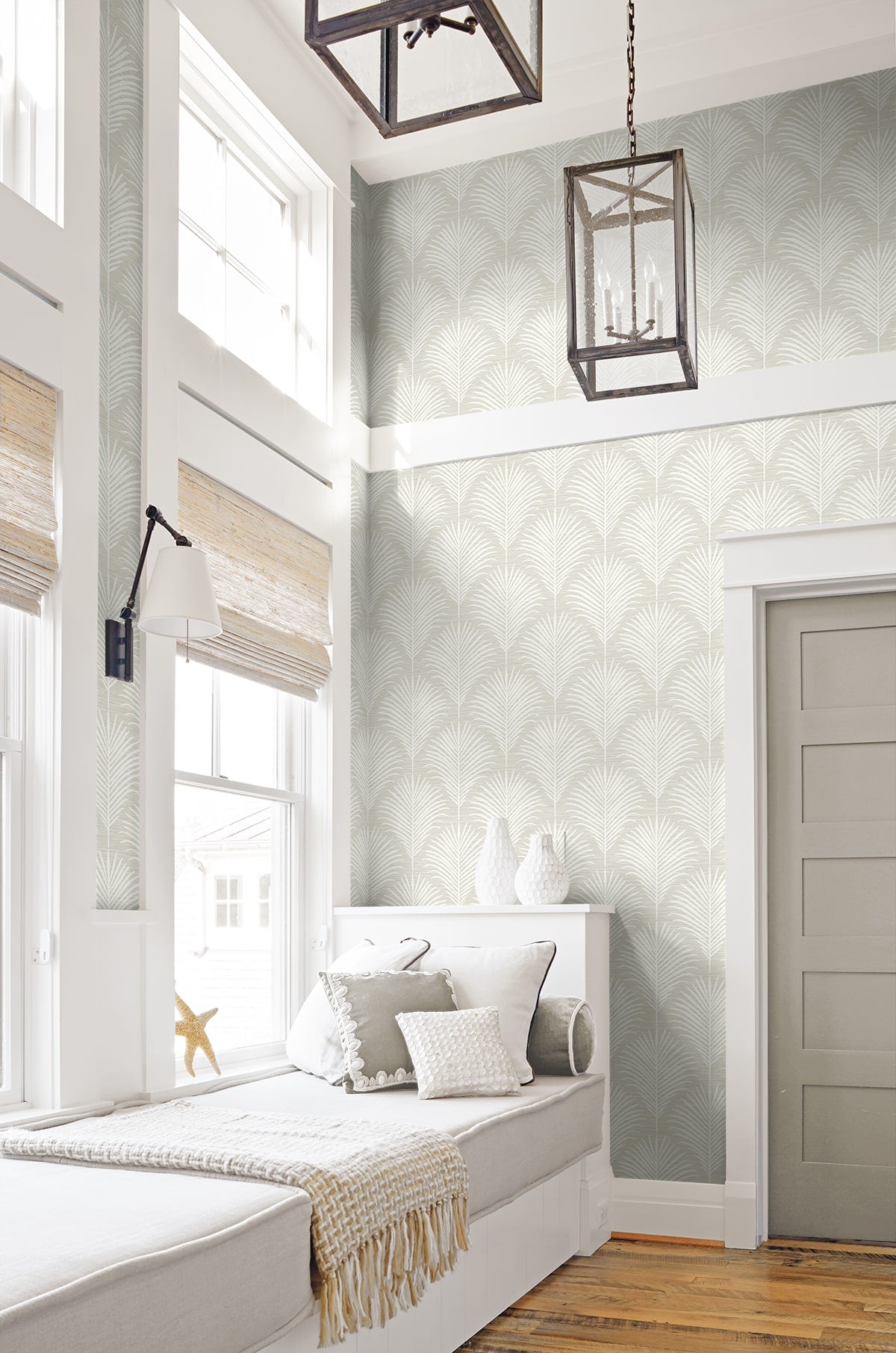 NextWall Peel & Stick Grassland Palm Wallpaper NW53815 in sea salt colorway showing botanical palm leaf pattern, ideal for coastal tropical interior wall makeover.