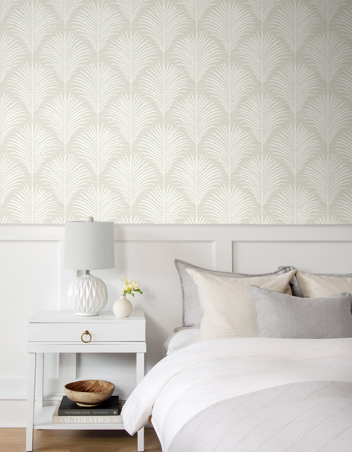 NextWall Peel & Stick Grassland Palm Wallpaper NW53815 in sea salt colorway showing botanical palm leaf pattern, ideal for coastal tropical interior wall makeover.