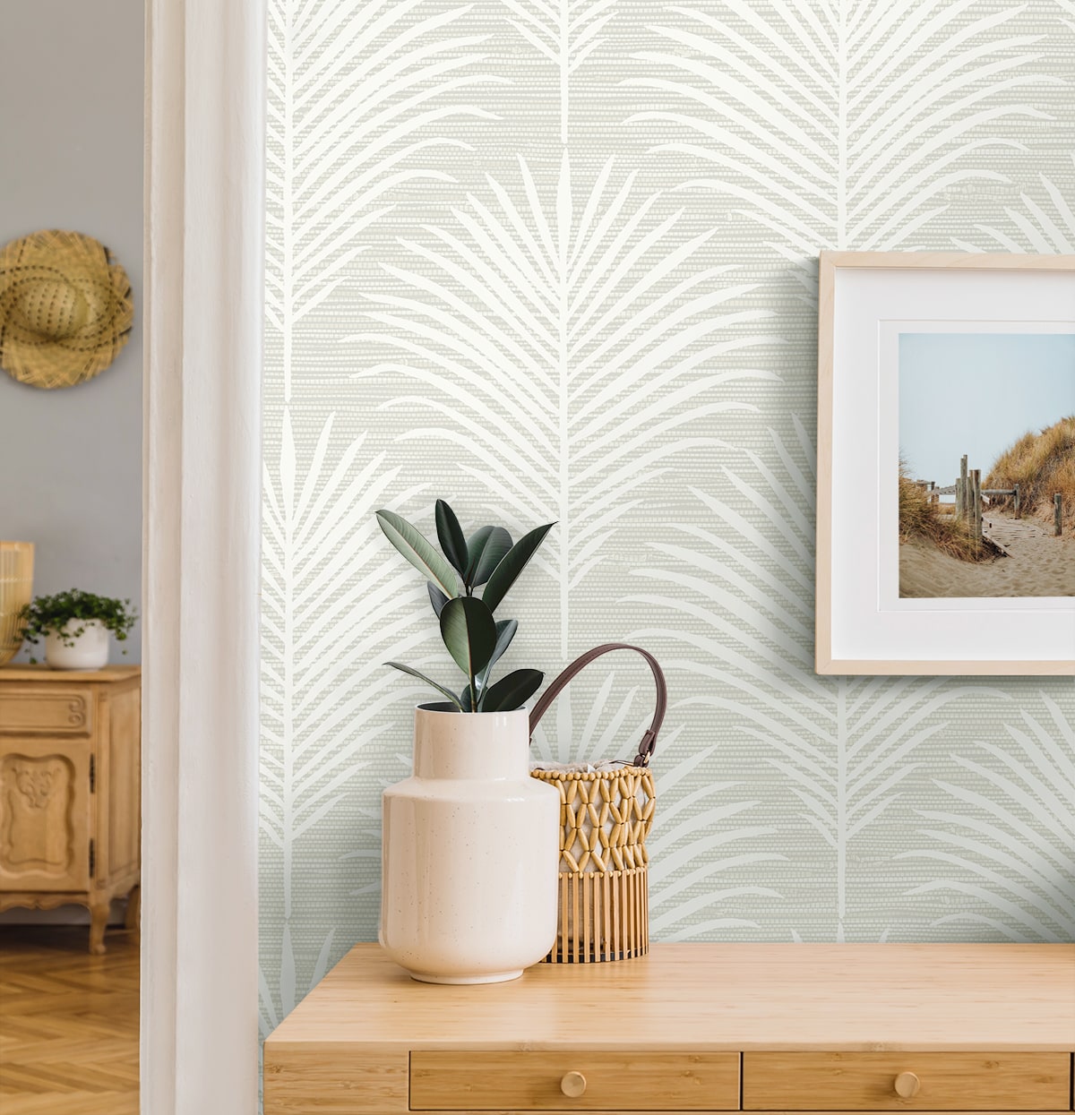 NextWall Peel & Stick Grassland Palm Wallpaper NW53815 in sea salt colorway showing botanical palm leaf pattern, ideal for coastal tropical interior wall makeover.