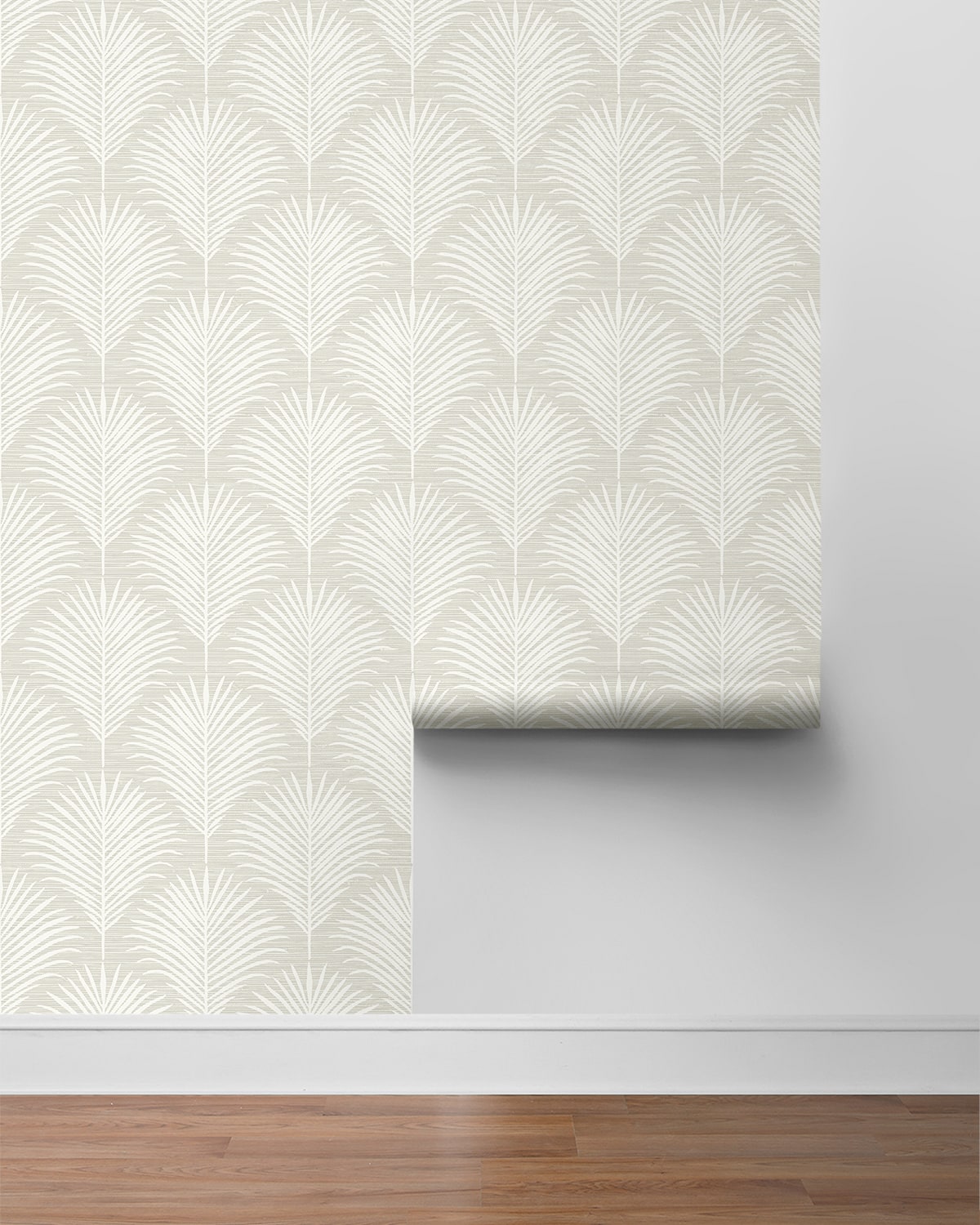NextWall Peel & Stick Grassland Palm Wallpaper NW53815 in sea salt colorway showing botanical palm leaf pattern, ideal for coastal tropical interior wall makeover.
