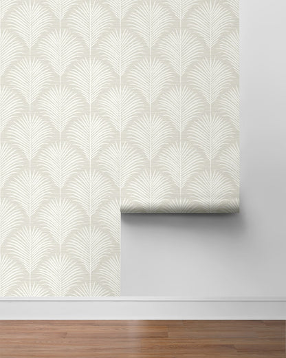 NextWall Peel & Stick Grassland Palm Wallpaper NW53815 in sea salt colorway showing botanical palm leaf pattern, ideal for coastal tropical interior wall makeover.
