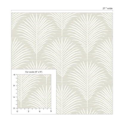 Soft beige palm frond wallpaper on light gray background; tropical, repeating botanical pattern.