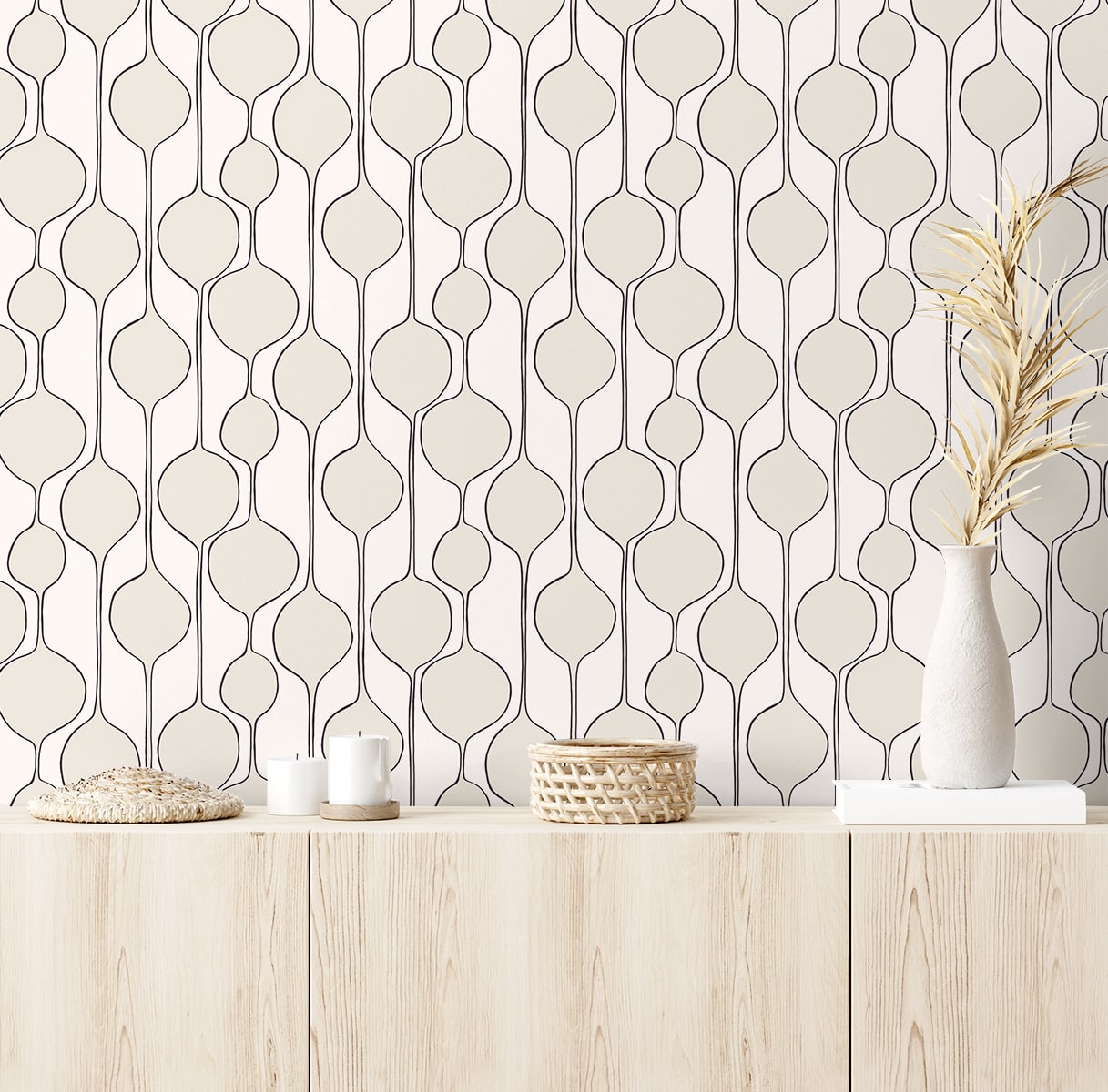 Bubble Stripe Marshmallow peel and stick wallpaper with a soft off-white geometric stripe design featuring subtle bubble-like texture. Modern minimalist removable wallpaper ideal for accent walls in bedrooms, living rooms, nurseries, offices, hallways, and entryways. Self-adhesive, washable, and renter-friendly wall covering that creates a bright, airy, contemporary interior style perfect for easy DIY home décor updates and modern Scandinavian-inspired spaces.