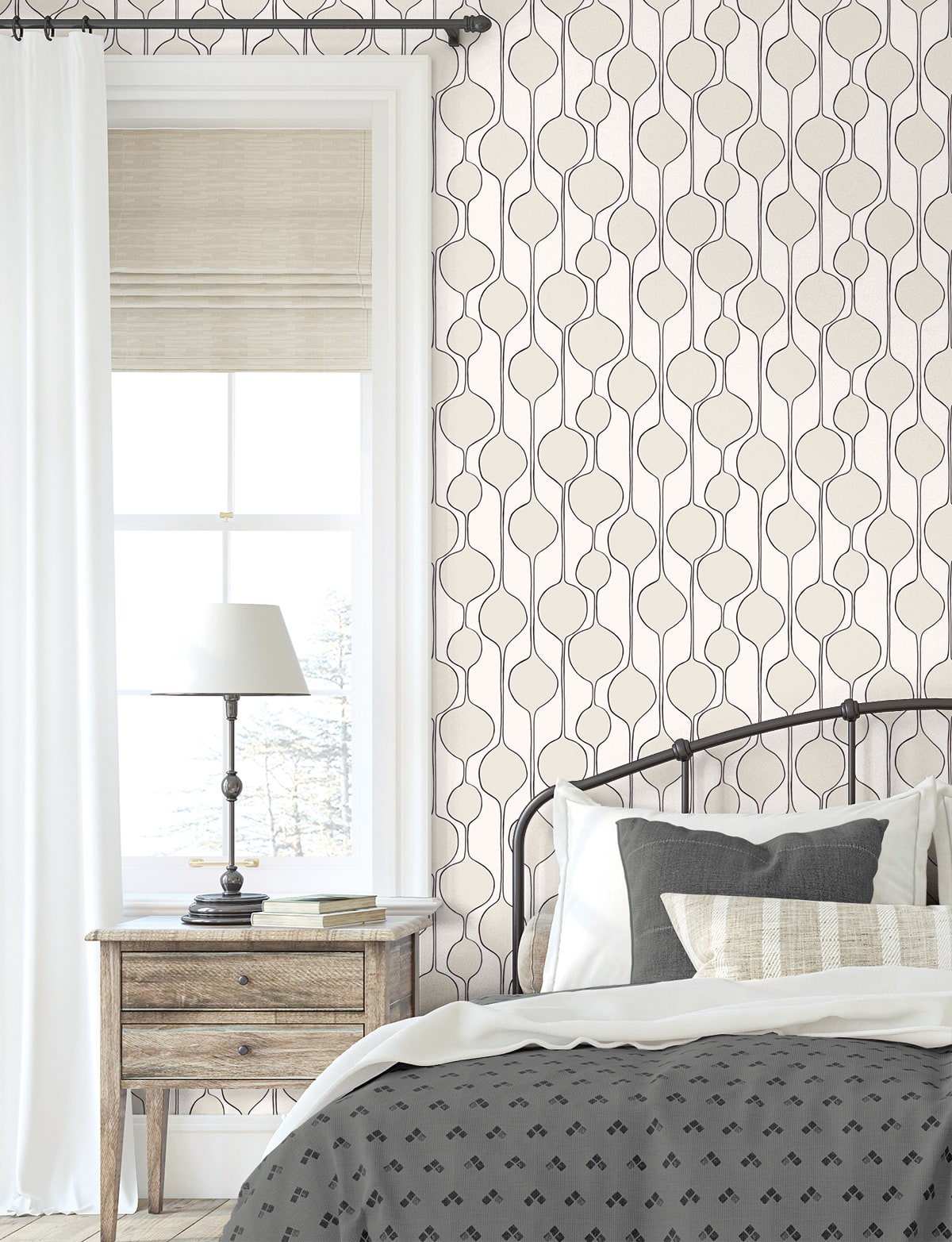Bubble Stripe Marshmallow peel and stick wallpaper featuring a soft white geometric stripe pattern with subtle textured circles for a clean, modern look. Removable self-adhesive wallpaper for bedrooms, living rooms, nurseries, home offices, hallways, and accent walls. Washable, renter-friendly wallpaper that adds light, texture, and contemporary style to DIY home decorating projects.