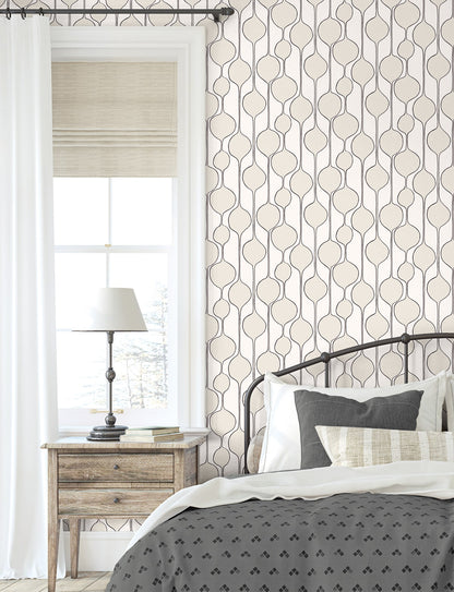 Bubble Stripe Marshmallow peel and stick wallpaper featuring a soft white geometric stripe pattern with subtle textured circles for a clean, modern look. Removable self-adhesive wallpaper for bedrooms, living rooms, nurseries, home offices, hallways, and accent walls. Washable, renter-friendly wallpaper that adds light, texture, and contemporary style to DIY home decorating projects.