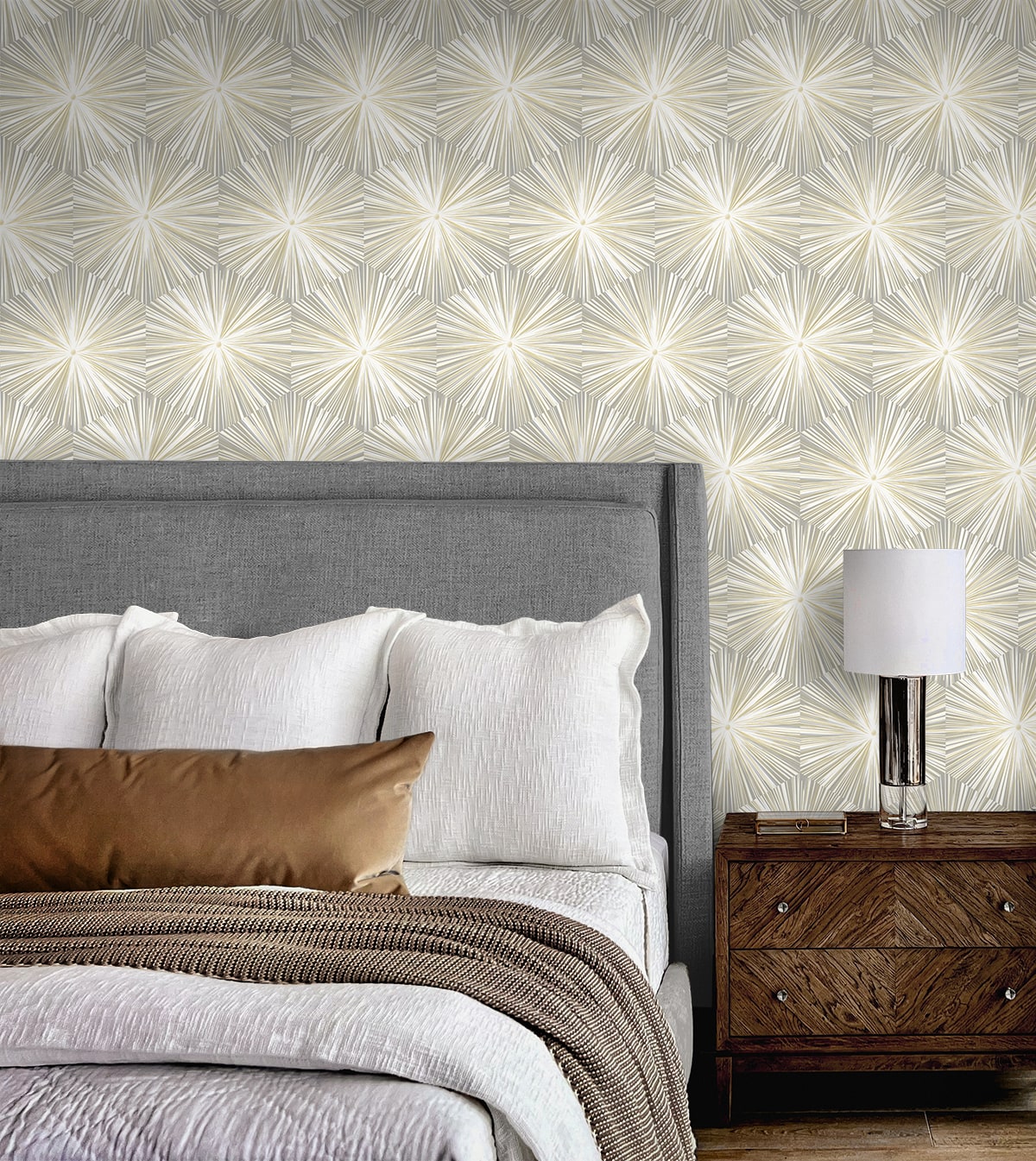Grey and Metallic Gold Hex Starburst peel and stick wallpaper featuring a modern geometric starburst pattern with metallic gold accents on a soft grey background. This removable self-adhesive wallpaper creates a luxurious contemporary look for accent walls, living rooms, bedrooms, dining rooms, offices, hallways, powder rooms, and entryways. Washable, strippable, renter-friendly wallpaper that is easy to install for DIY home renovations, modern interior design, and stylish home décor.