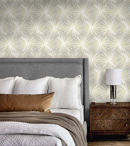 Grey and Metallic Gold Hex Starburst peel and stick wallpaper featuring a modern geometric starburst pattern with metallic gold accents on a soft grey background. This removable self-adhesive wallpaper creates a luxurious contemporary look for accent walls, living rooms, bedrooms, dining rooms, offices, hallways, powder rooms, and entryways. Washable, strippable, renter-friendly wallpaper that is easy to install for DIY home renovations, modern interior design, and stylish home décor.