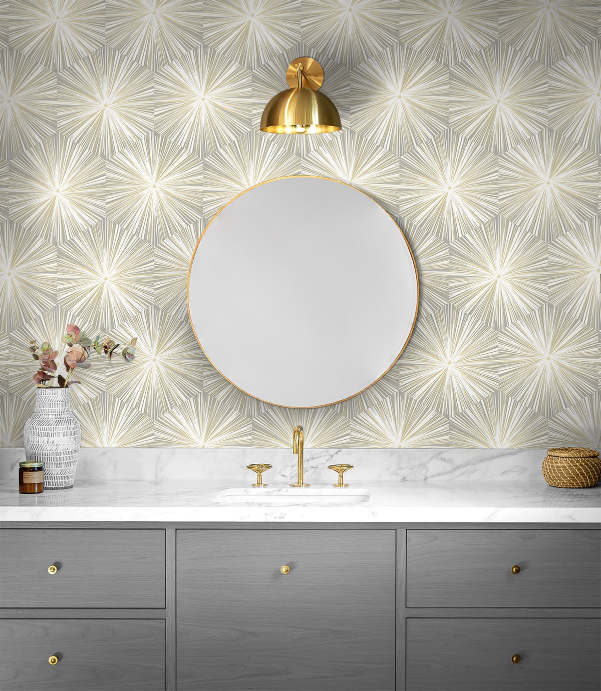 Grey and Metallic Gold Hex Starburst peel and stick wallpaper featuring a modern geometric starburst pattern with metallic gold accents on a soft grey background. This removable self-adhesive wallpaper creates a luxurious contemporary look for accent walls, living rooms, bedrooms, dining rooms, offices, hallways, powder rooms, and entryways. Washable, strippable, renter-friendly wallpaper that is easy to install for DIY home renovations, modern interior design, and stylish home décor.
