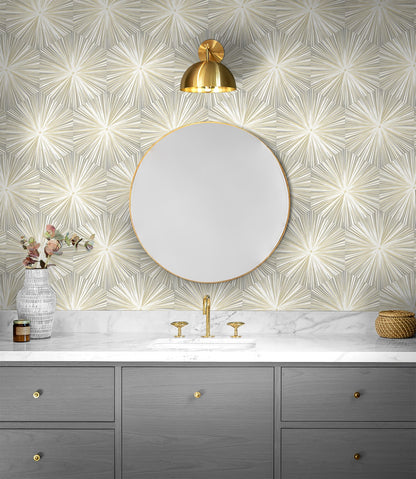 Grey and Metallic Gold Hex Starburst peel and stick wallpaper featuring a modern geometric starburst pattern with metallic gold accents on a soft grey background. This removable self-adhesive wallpaper creates a luxurious contemporary look for accent walls, living rooms, bedrooms, dining rooms, offices, hallways, powder rooms, and entryways. Washable, strippable, renter-friendly wallpaper that is easy to install for DIY home renovations, modern interior design, and stylish home décor.