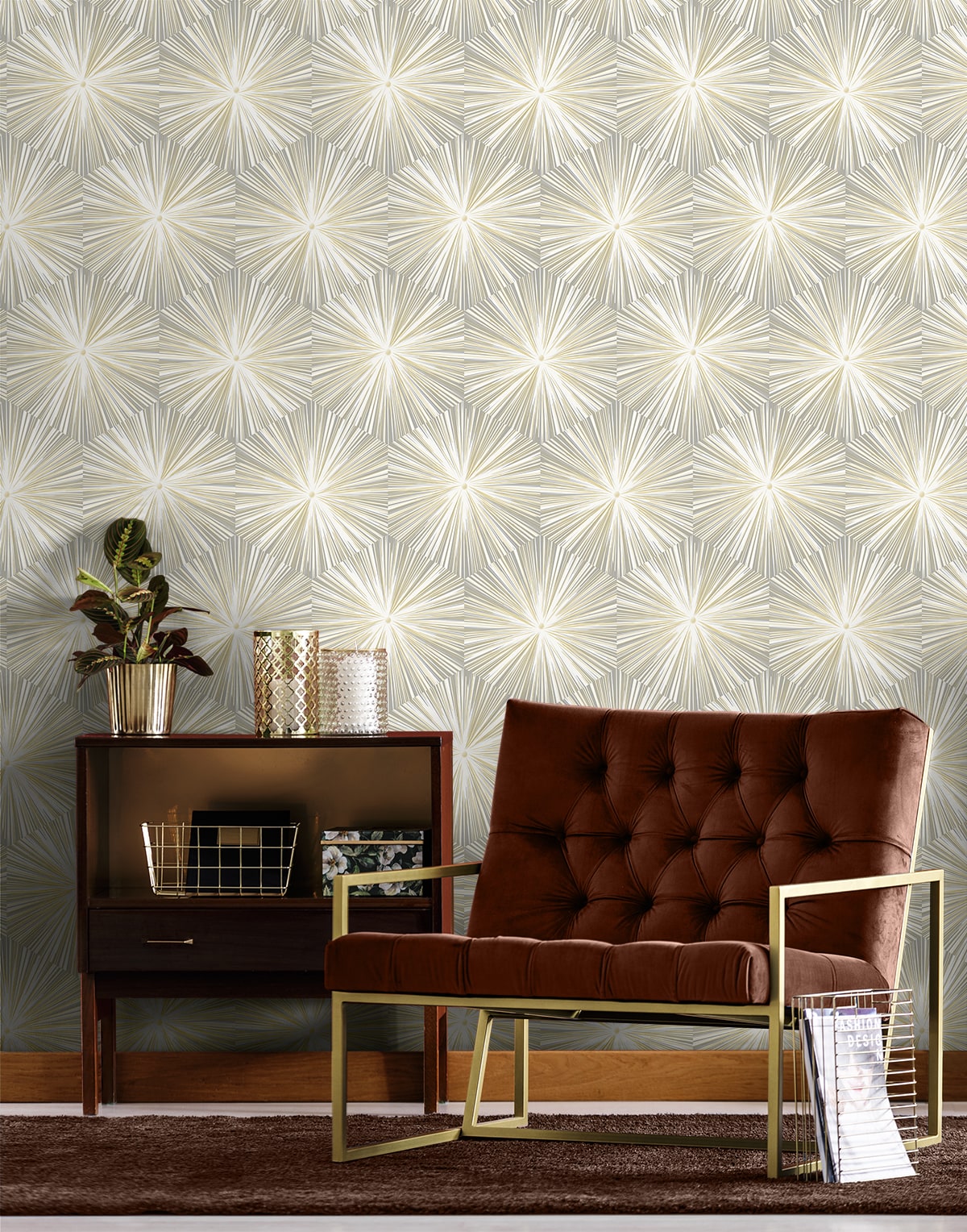 Grey and Metallic Gold Hex Starburst peel and stick wallpaper featuring a modern geometric starburst pattern with metallic gold accents on a soft grey background. This removable self-adhesive wallpaper creates a luxurious contemporary look for accent walls, living rooms, bedrooms, dining rooms, offices, hallways, powder rooms, and entryways. Washable, strippable, renter-friendly wallpaper that is easy to install for DIY home renovations, modern interior design, and stylish home décor.