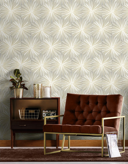 Grey and Metallic Gold Hex Starburst peel and stick wallpaper featuring a modern geometric starburst pattern with metallic gold accents on a soft grey background. This removable self-adhesive wallpaper creates a luxurious contemporary look for accent walls, living rooms, bedrooms, dining rooms, offices, hallways, powder rooms, and entryways. Washable, strippable, renter-friendly wallpaper that is easy to install for DIY home renovations, modern interior design, and stylish home décor.