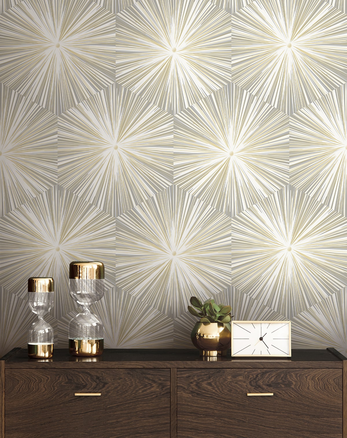 Grey and Metallic Gold Hex Starburst peel and stick wallpaper featuring a modern geometric starburst pattern with metallic gold accents on a soft grey background. Removable, self-adhesive wallpaper for accent walls, bedrooms, living rooms, dining rooms, offices, entryways, and hallways. Washable, renter-friendly wallpaper that creates a contemporary luxury interior and is easy to install for DIY home decorating.