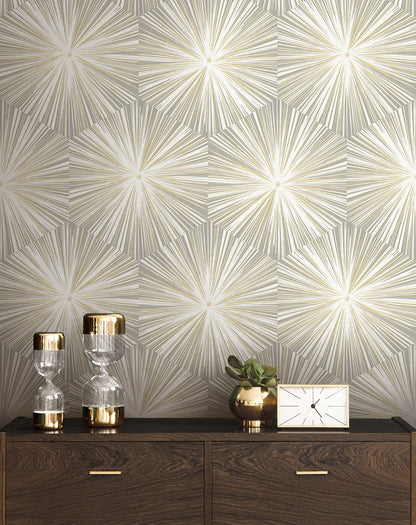Grey and Metallic Gold Hex Starburst peel and stick wallpaper featuring a modern geometric starburst pattern with metallic gold accents on a soft grey background. Removable, self-adhesive wallpaper for accent walls, bedrooms, living rooms, dining rooms, offices, entryways, and hallways. Washable, renter-friendly wallpaper that creates a contemporary luxury interior and is easy to install for DIY home decorating.