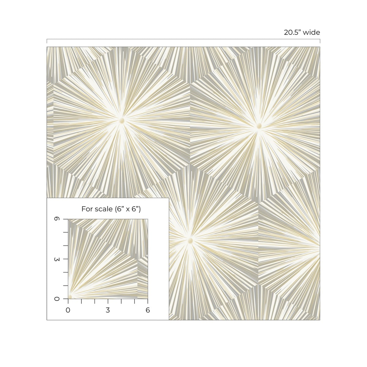 Grey and Metallic Gold Hex Starburst peel and stick wallpaper featuring a modern geometric starburst pattern with metallic gold accents on a soft grey background. Removable, self-adhesive wallpaper for accent walls, bedrooms, living rooms, dining rooms, offices, entryways, and hallways. Washable, renter-friendly wallpaper that creates a contemporary luxury interior and is easy to install for DIY home decorating.