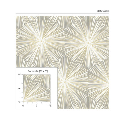Grey and Metallic Gold Hex Starburst peel and stick wallpaper featuring a modern geometric starburst pattern with metallic gold accents on a soft grey background. Removable, self-adhesive wallpaper for accent walls, bedrooms, living rooms, dining rooms, offices, entryways, and hallways. Washable, renter-friendly wallpaper that creates a contemporary luxury interior and is easy to install for DIY home decorating.