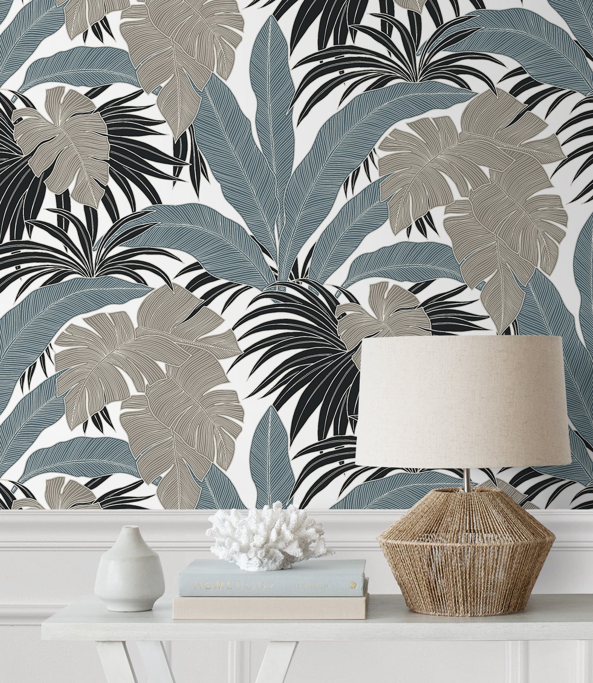 NextWall Laguna Leaf peelƒ??andƒ??stick wallpaper NW58708 ƒ?? bluestone and grey botanical leaf design, vinyl, selfƒ??adhesive and removable.
