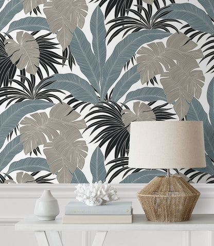 NextWall Laguna Leaf peelƒ??andƒ??stick wallpaper NW58708 ƒ?? bluestone and grey botanical leaf design, vinyl, selfƒ??adhesive and removable.
