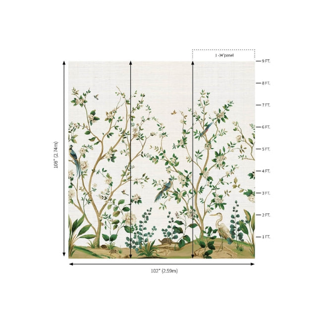 Three-panel botanical mural featuring trees, foliage and perched birds on a pale background; silver-toned wall art, 102x108 inches.
