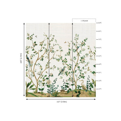 Three-panel botanical mural featuring trees, foliage and perched birds on a pale background; silver-toned wall art, 102x108 inches.