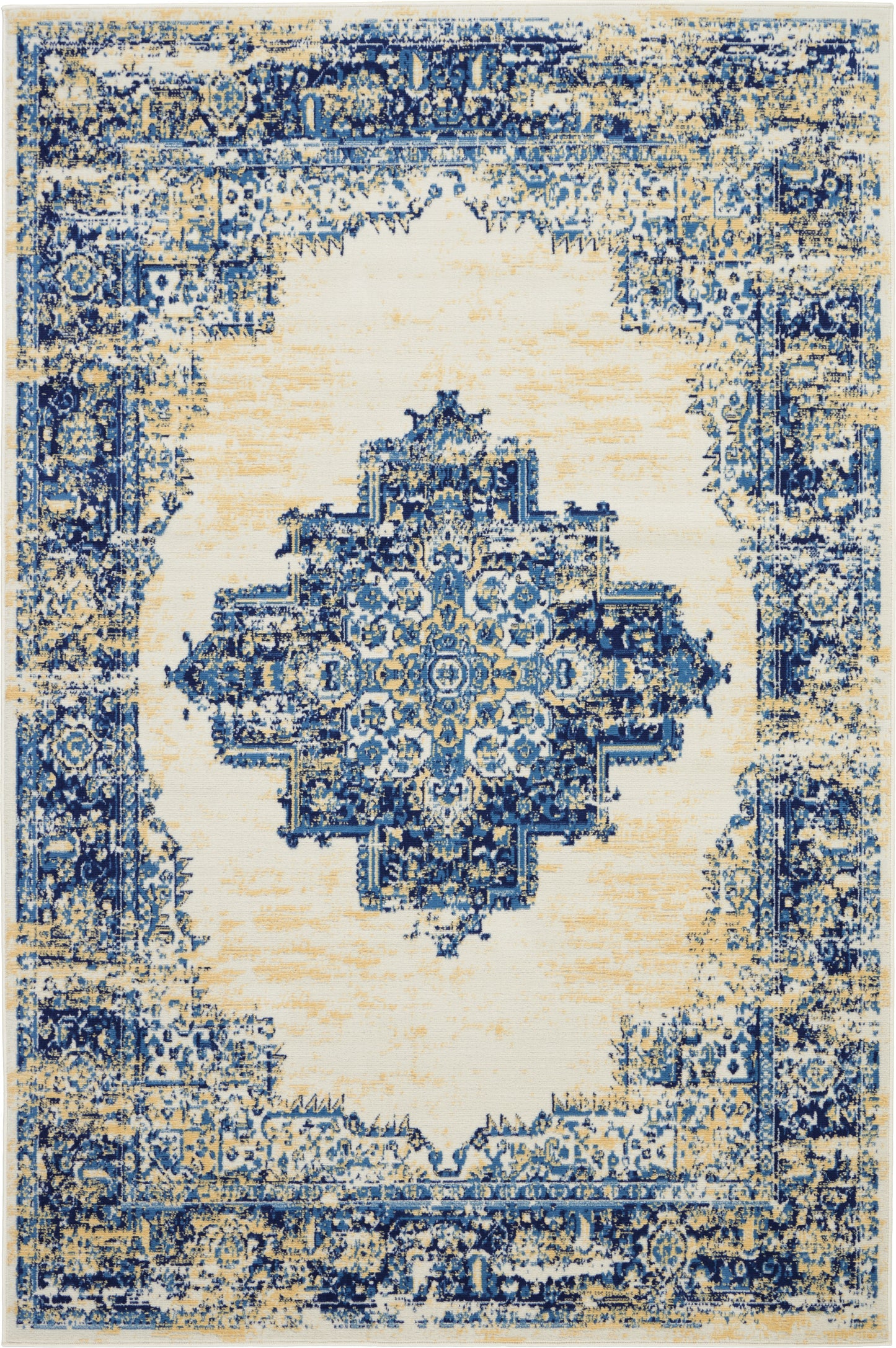 Rectangular area rug in blue and ivory, distressed oriental central medallion with vintage border, ideal for living rooms.