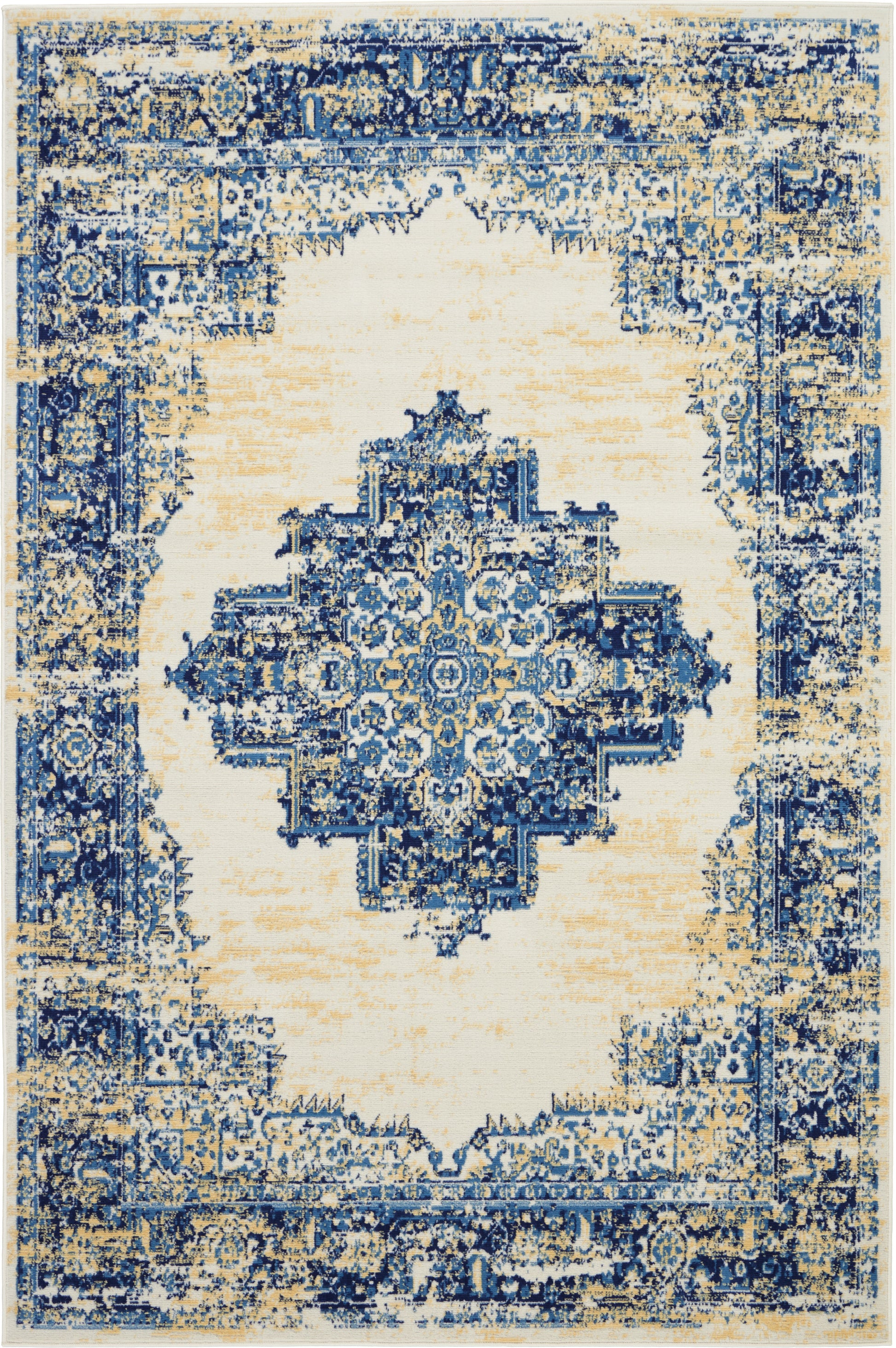 Rectangular area rug in blue and ivory, distressed oriental central medallion with vintage border, ideal for living rooms.