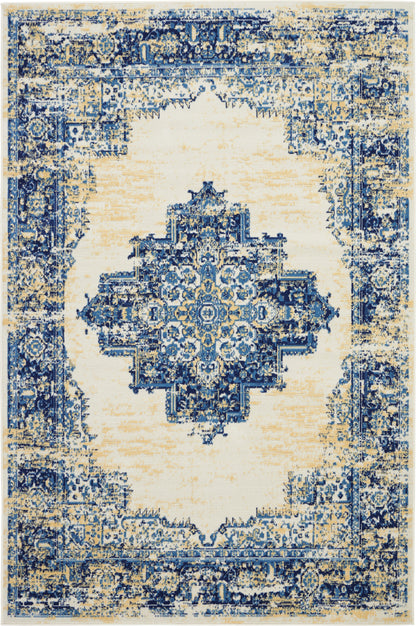 Rectangular area rug in blue and ivory, distressed oriental central medallion with vintage border, ideal for living rooms.