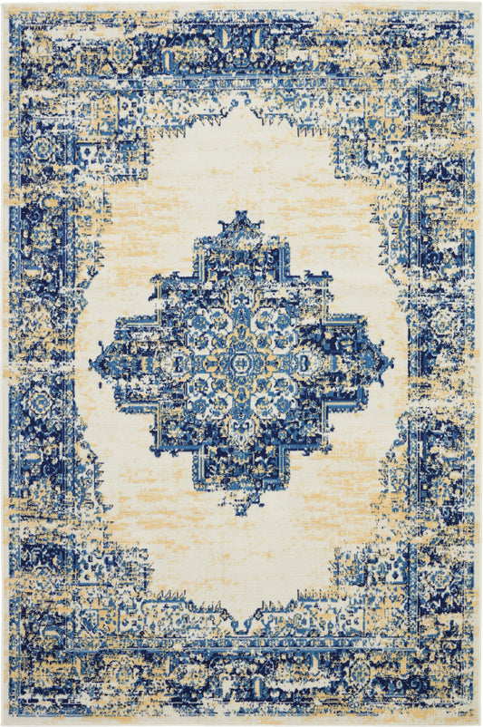 Rectangular area rug in blue and ivory, distressed oriental central medallion with vintage border, ideal for living rooms.
