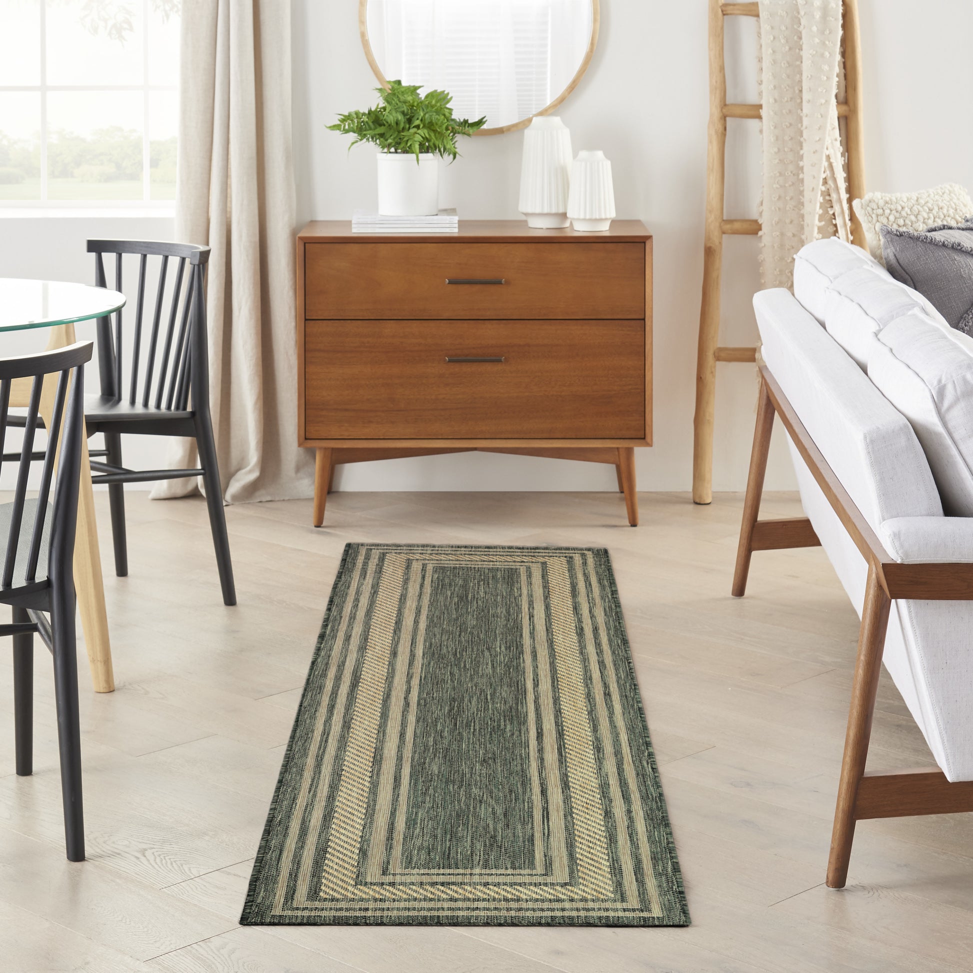 Green striped modern 6' runner rug on the floor