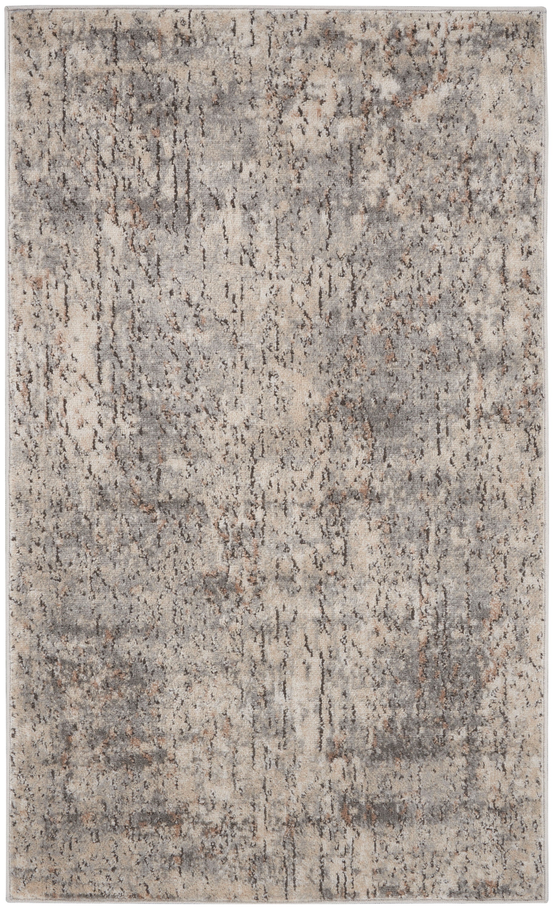 Rectangular area rug with abstract distressed pattern in beige, gray and taupe; modern, versatile decor for living spaces.