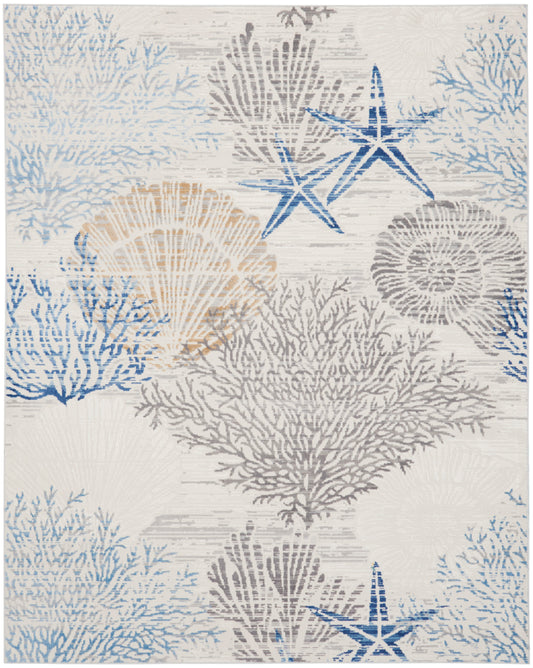 Coastal rectangular rug with coral and starfish motifs in blue, gray and tan on a light beige background.
