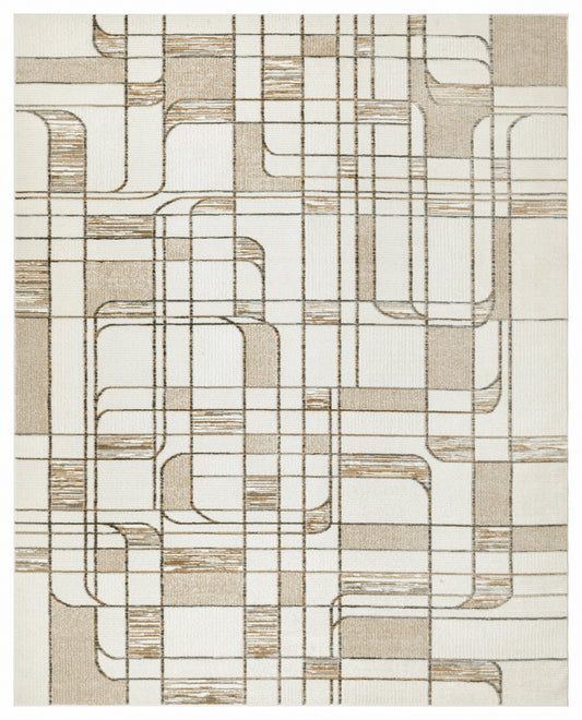 Beige area rug with taupe geometric grid and rounded-rectangle shapes in a modern abstract pattern